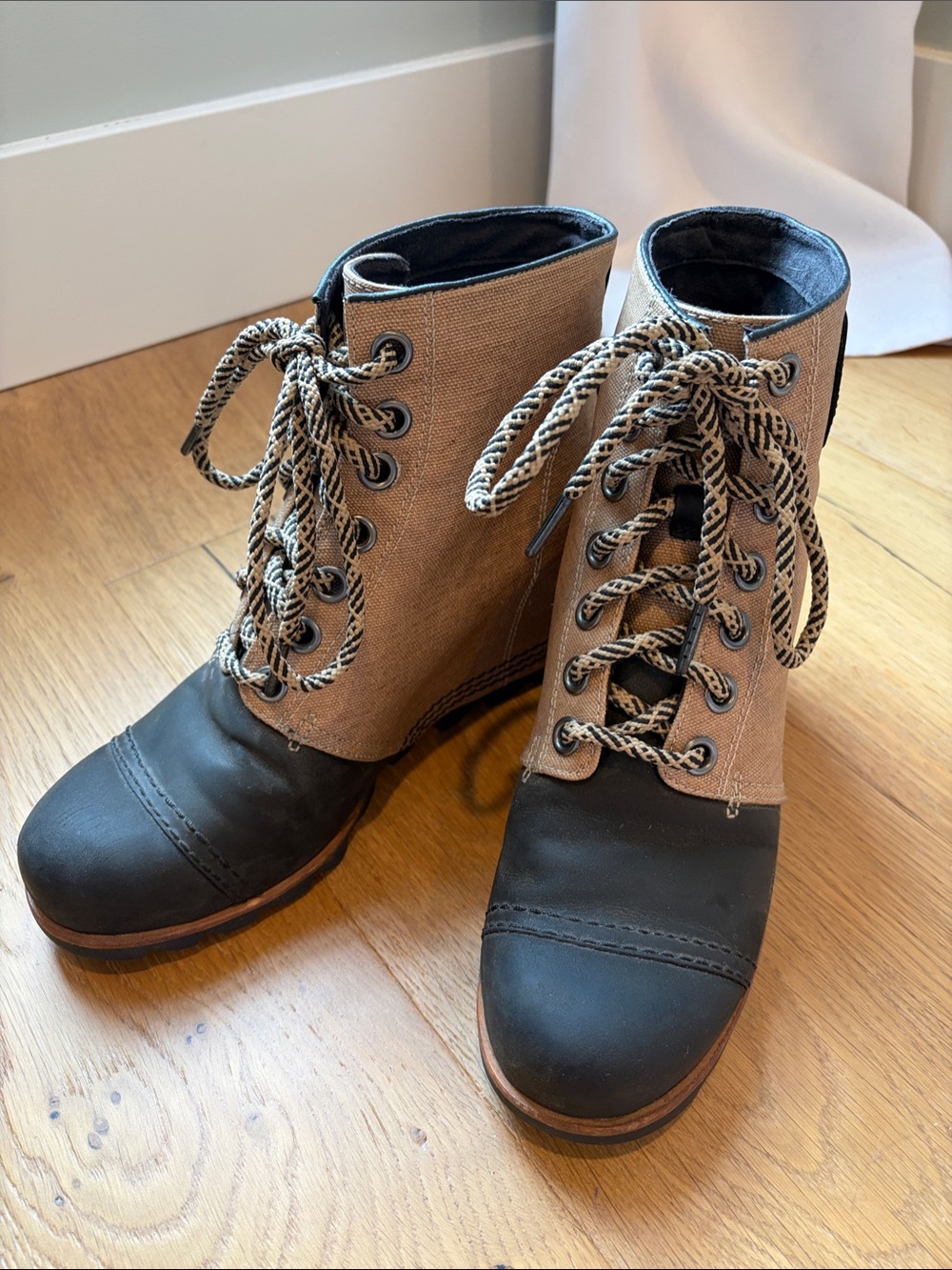 SOREL Canvas and Leather Lace-Up Ankle Boots in Tan and Black